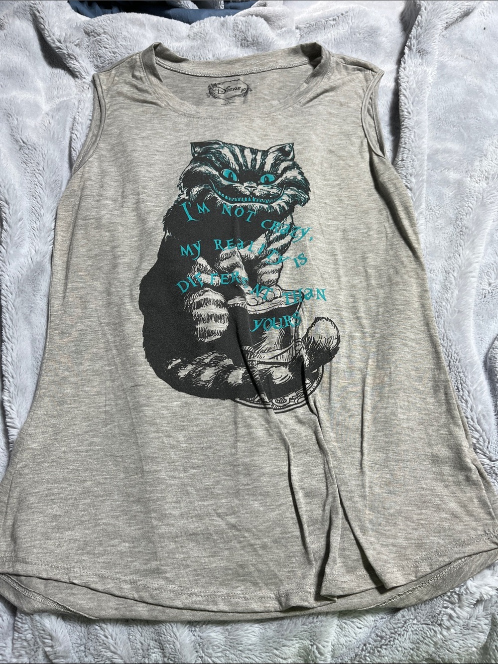 Disney Gray Sleeveless Cat Graphic Tank with Teal Accents NWOT